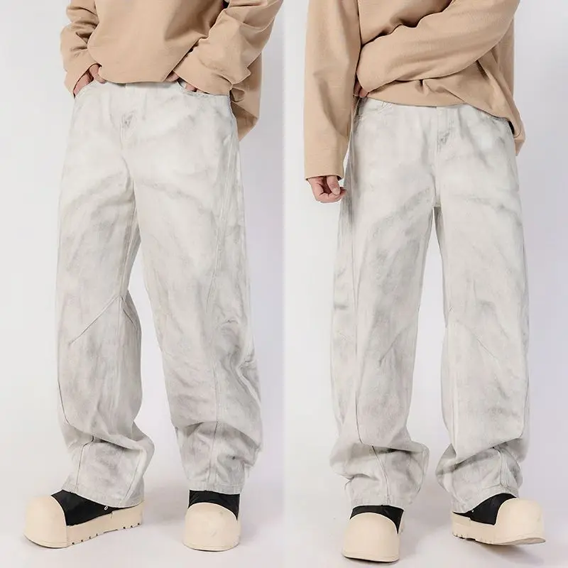 Hand Painted White Baggy Jeans Men Loosen Fit Straight Leg Wide Pants Male's Street Clothing New 5
