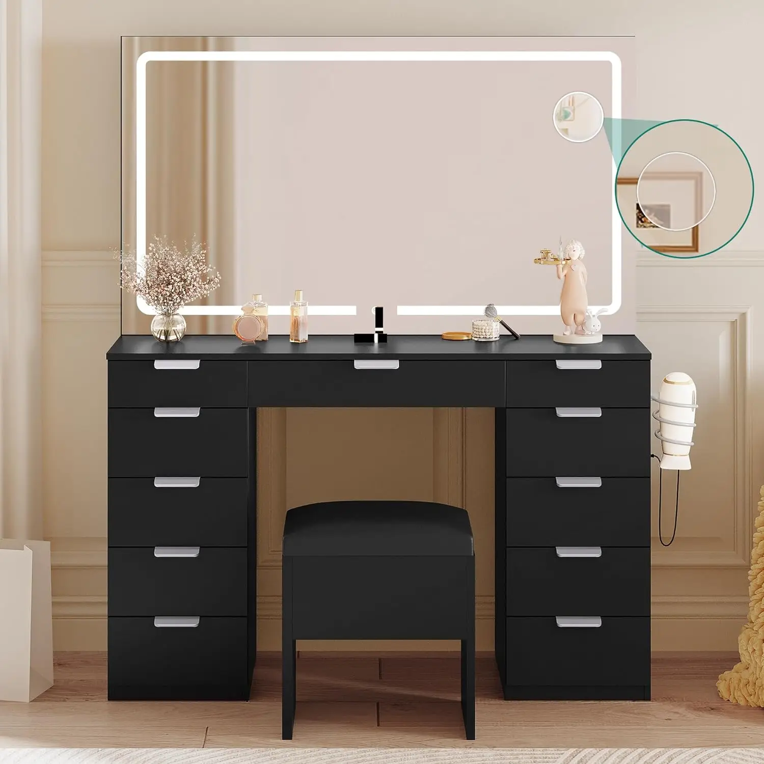 

YITAHOME Vanity Desk Set with Large LED Lighted Mirror & Power Outlet, Makeup Vanity with 11 Drawers and Magnifying Glass, 46''