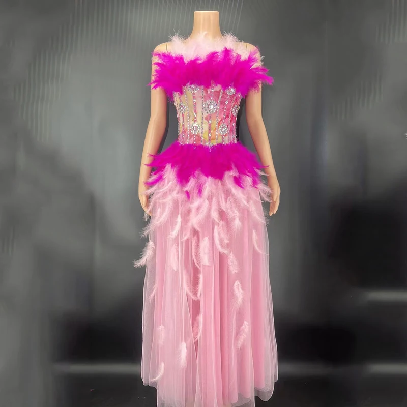 

Shiny Rhinestones Mesh Body Sculpting Waist Dress Sexy Pink Feather Evening Dress Women Birthday Celebrate Costumes XS4185