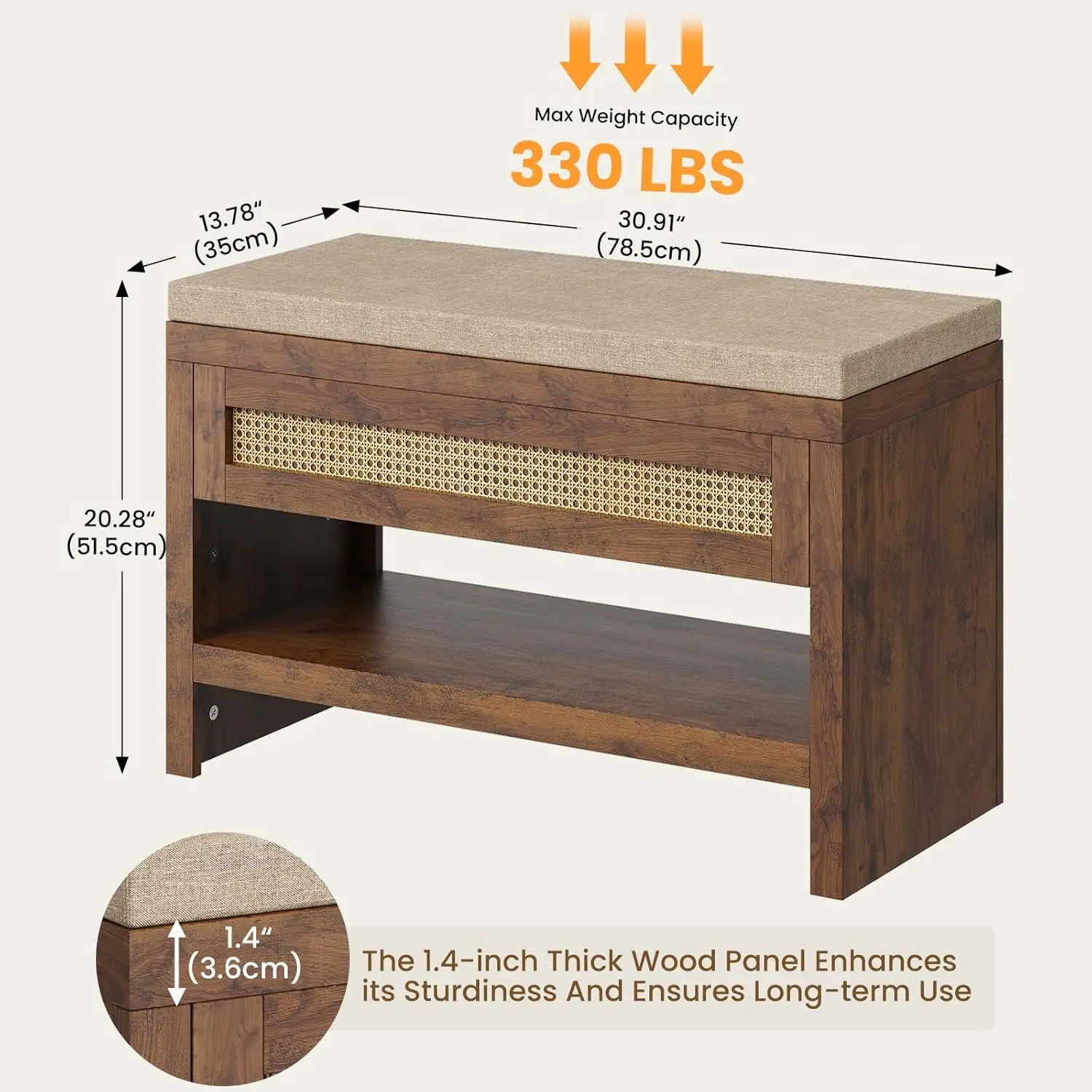 Rattan Shoe Bench with Cushion, 31" Shoe Bench with Storage Drawer, Farmhouse Shoe Rack with Shelf, Wooden Storage Bench