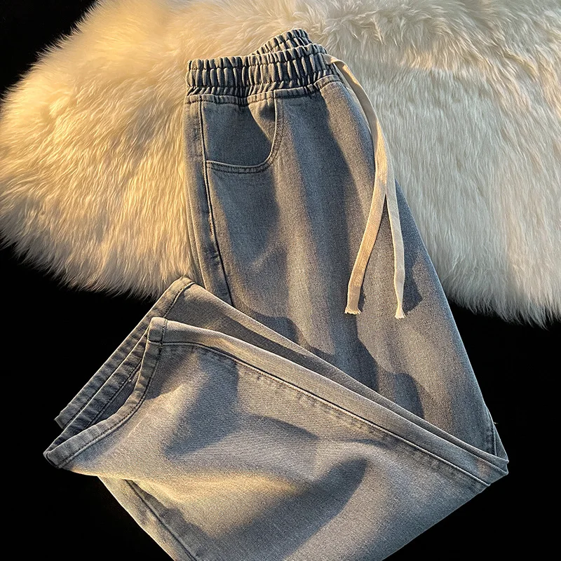 

XUAN Phd Summer Thin Women's Jeans Fashion Elastic Waist Burrs Drawstring Straight Denim Pants Simple Preppy Style All-match
