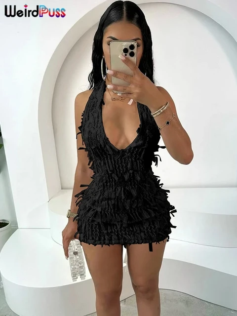 Weird Puss Sexy Halter Tassel Dress Women Y2K Elegant See Through Summer Trend Backless Skinny Stretch Midnight Bodycon Clubwear