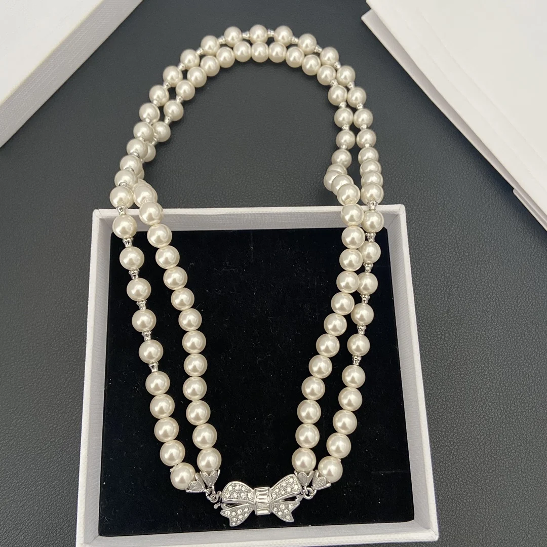 

Crystal Bow Double Pearl Luxury Necklace Boutique Top Quality Designer Runway Europe America Trendy