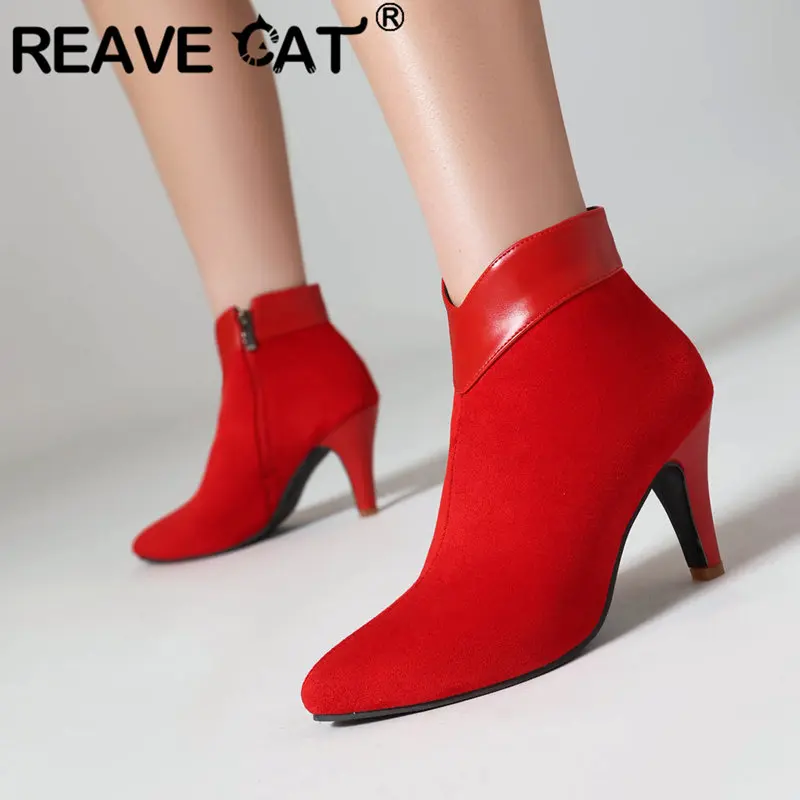 

REAVE CAT Plus Size 46 47 Women Ankle Boots Flock Suede High Heels 8.5cm Zipper Autumn Winter Elegant Daily Bota Pointed Toe 33