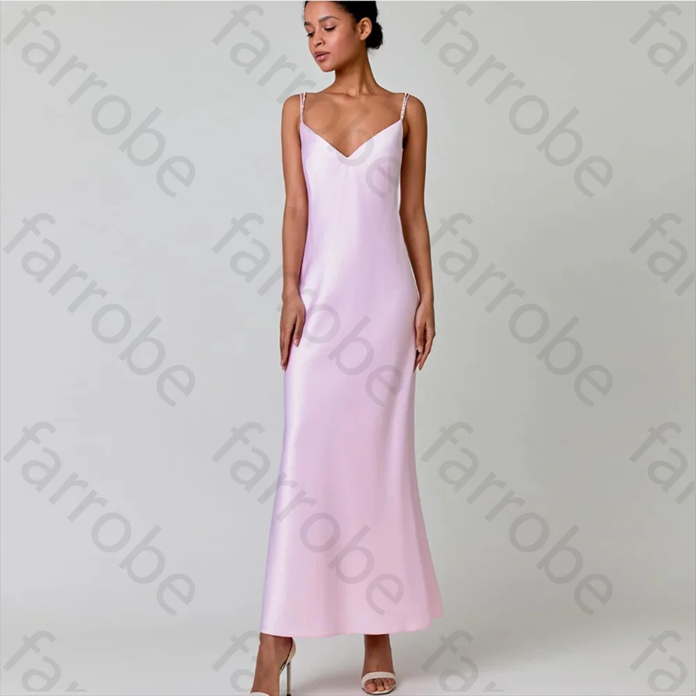 Customized Simple Pink Long Evening Dresses Satin V Neck Crystals Straps Mermaid Ankle Length Backless Formal Prom Party Gowns