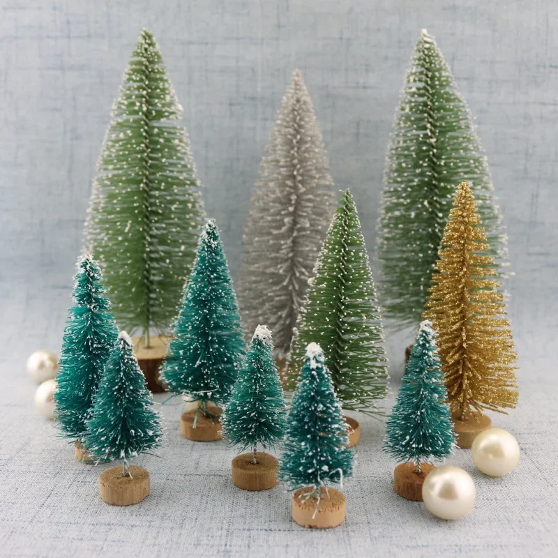 Mini Christmas Tree Ornament Small Artificial Pine Sisal Snow Landscape Xmas Trees Christmas Tabletop Navidad Decor 12Pcs