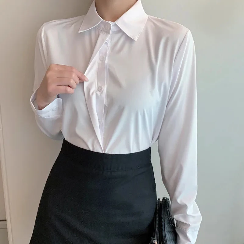 

New Women's Shirts 2024 Summer Korean Style Black White Office Ladies Shirt Casual Long Sleeve Turndown Collar Career OL Blouses