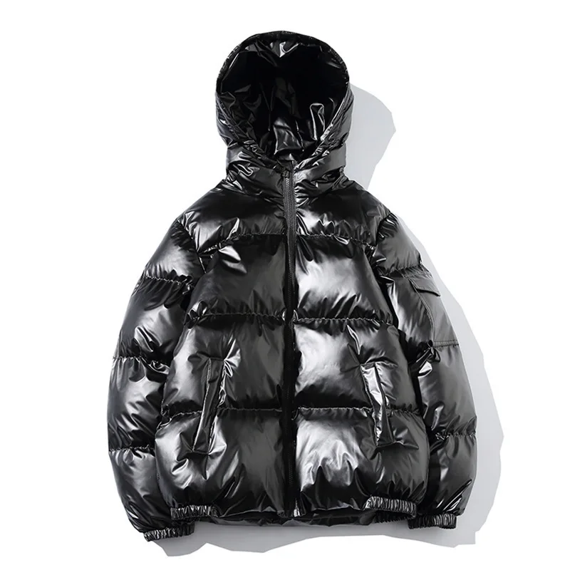 2026 High-Shine Puffer Jacket Men's Cropped Oversized Hooded Coat Futuristic Tech-Inspired Streetwear Metallic Winter Coat Youth