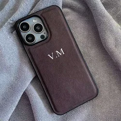 Customized Luxury Leather Engraved Name Case with Initials - iPhone 12 Pro (Dark Coffee - Silver)