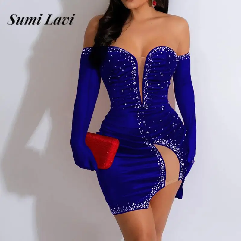 

Sexy Tube Top Off Shoulder Party Dress Fashion Velvet Diamond Shiny Mini Dress Elegant Lady Deep V Pleated Hip Wrap Split Dress