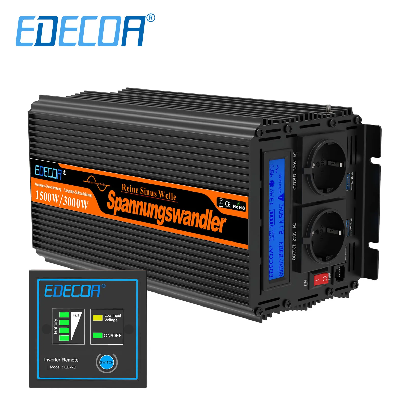 Edecoa 1500W Peak 3000W Gelombang Sinus Murni Power Inverter Dc 12V 24V Ke Ac 220V 230V Converter Off Grid Transformer Untuk Mobil Rumah