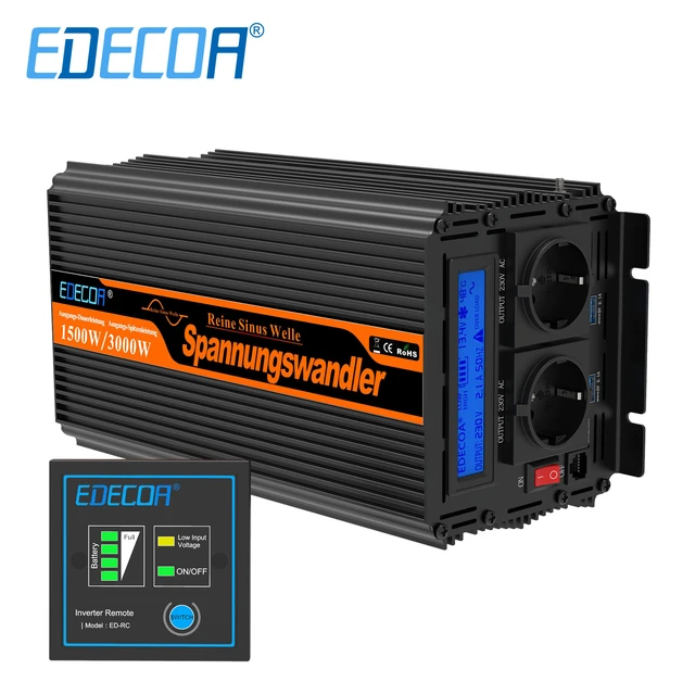 EDECOA 1500W peak 3000W pure sine wave power inverter DC 12V 24V