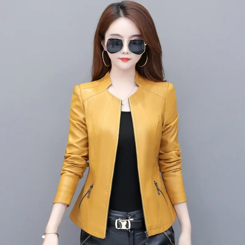 Womens Stylish Elegant Design Real Yellow Biker Leather Jacket