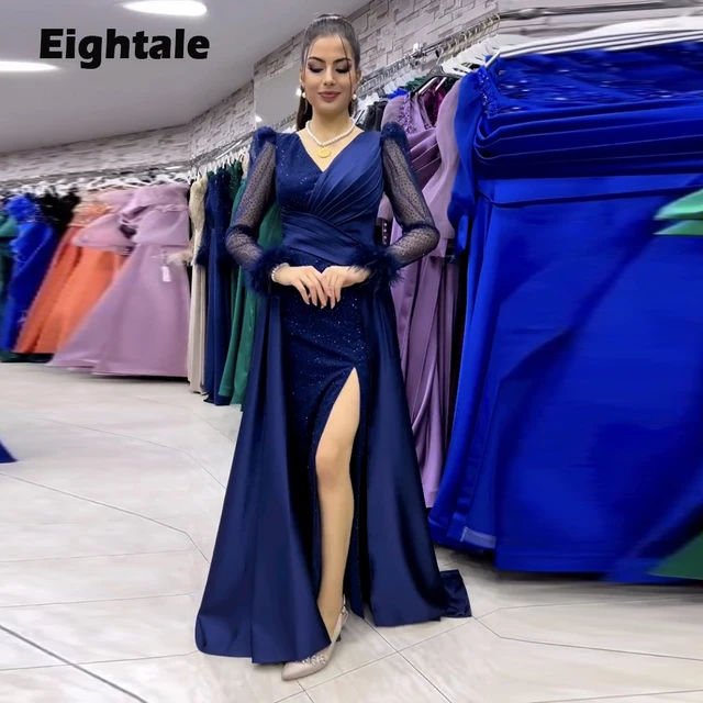 Eightale Navy Blue Prom Dresses for Wedding Satin Arabic Feather Evening Gown Side Slit Mermaid Party Dress robes de soirée 1