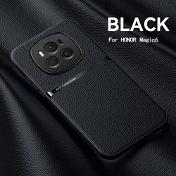 Magnetic Car Holder Leather Phone Case with Shockproof Silicone Back Cover for Magic 6 Pro (Black)