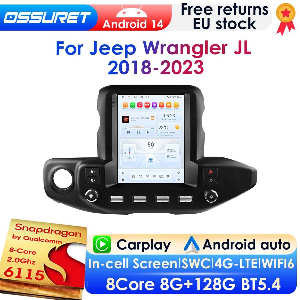 Radio de coche con pantalla vertical de 9,7 pulgadas, Android 14, 2 DIN, para Jeep Wrangler JL/Gladiator 2018-2023, reproductor multimedia para coche, GPS, Carplay inalámbrico, Android Auto, 4G, DSP, BT, Mirror Link, SWC, cámara 360, 2Din, autorradio, sistemas inteligentes, pantalla QLED con Snapdragon 6115 1