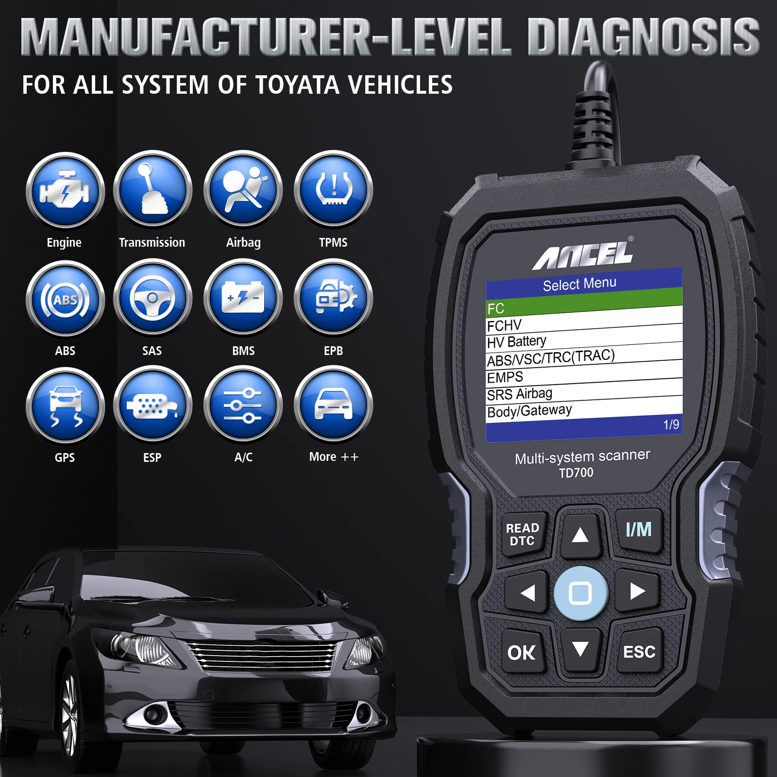 ANCEL TD700 Car Diagnostic Scan Tools All System Code Reader ABS EPB Oil BMS SAS 11 Reset ODB OBD 2 Car Scanner for Toyota Lexus 2