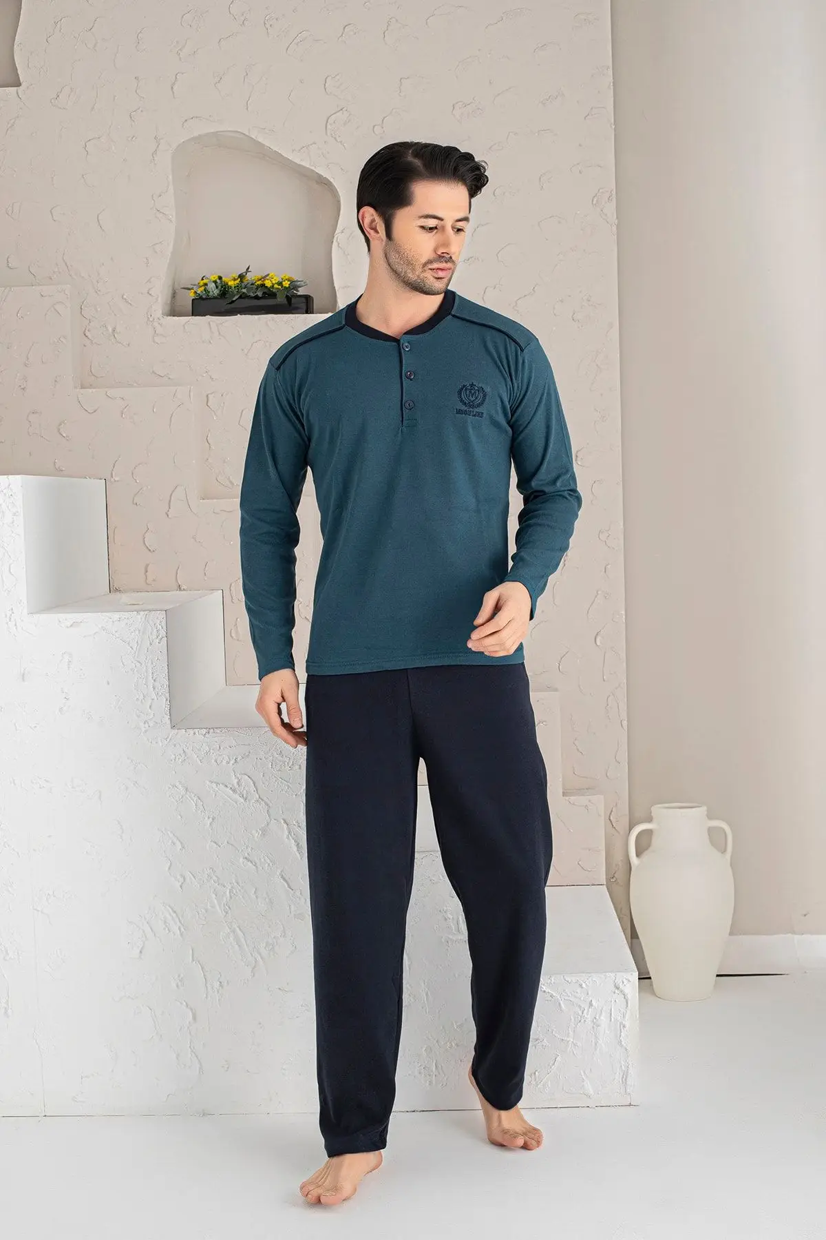 Men's Navy Blue M Emblem Long Sleeve Single Jersey Fabric Knitted Pajama Set