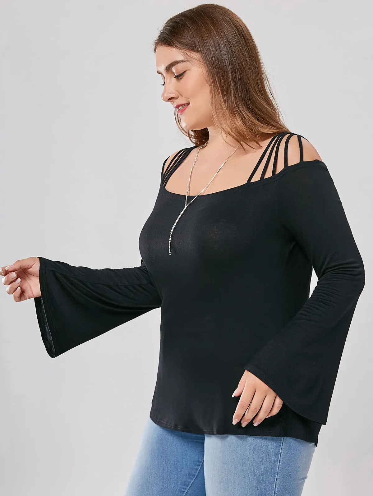 

Horn Sleeve Female T-shirt Autumn Long Flare Sleeve Slash Neck Strap Shoulder Women's Basic Shirts Black Woman Clothes Tops Tees