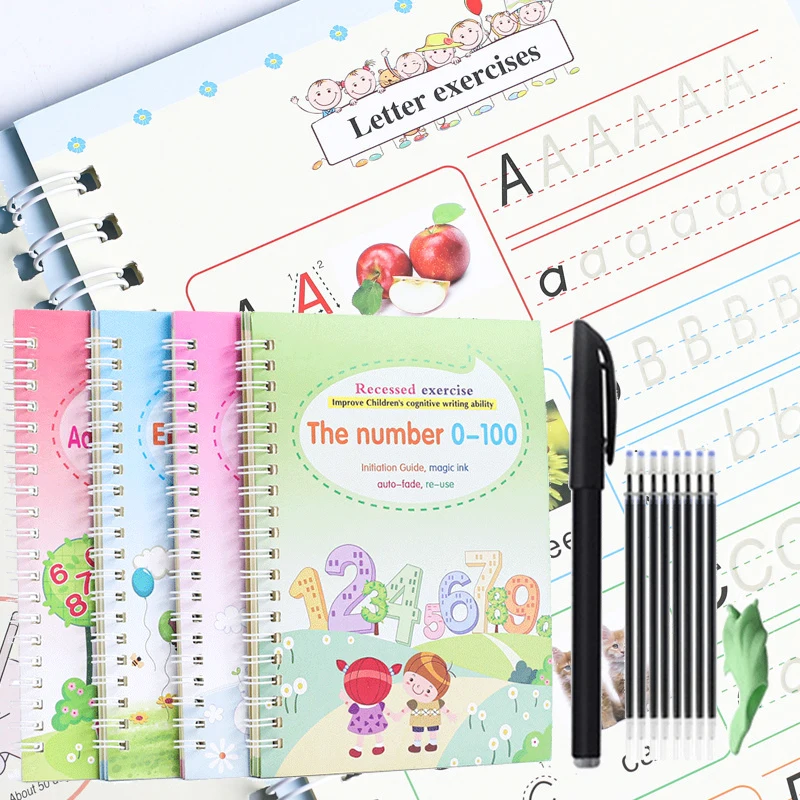 

4 Books English Copybook Pen Magic Copy Book Auto Disappear Ink Children Writing Sticker Practice for Kids Enlightenment Gift