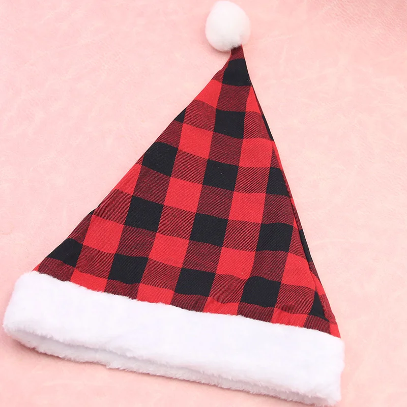 (1 Pcs/bag)28cm Checkered Christmas Hat Plush Edges Christmas Decoration Children Cute Adults New Year's Photo Atmosphere
