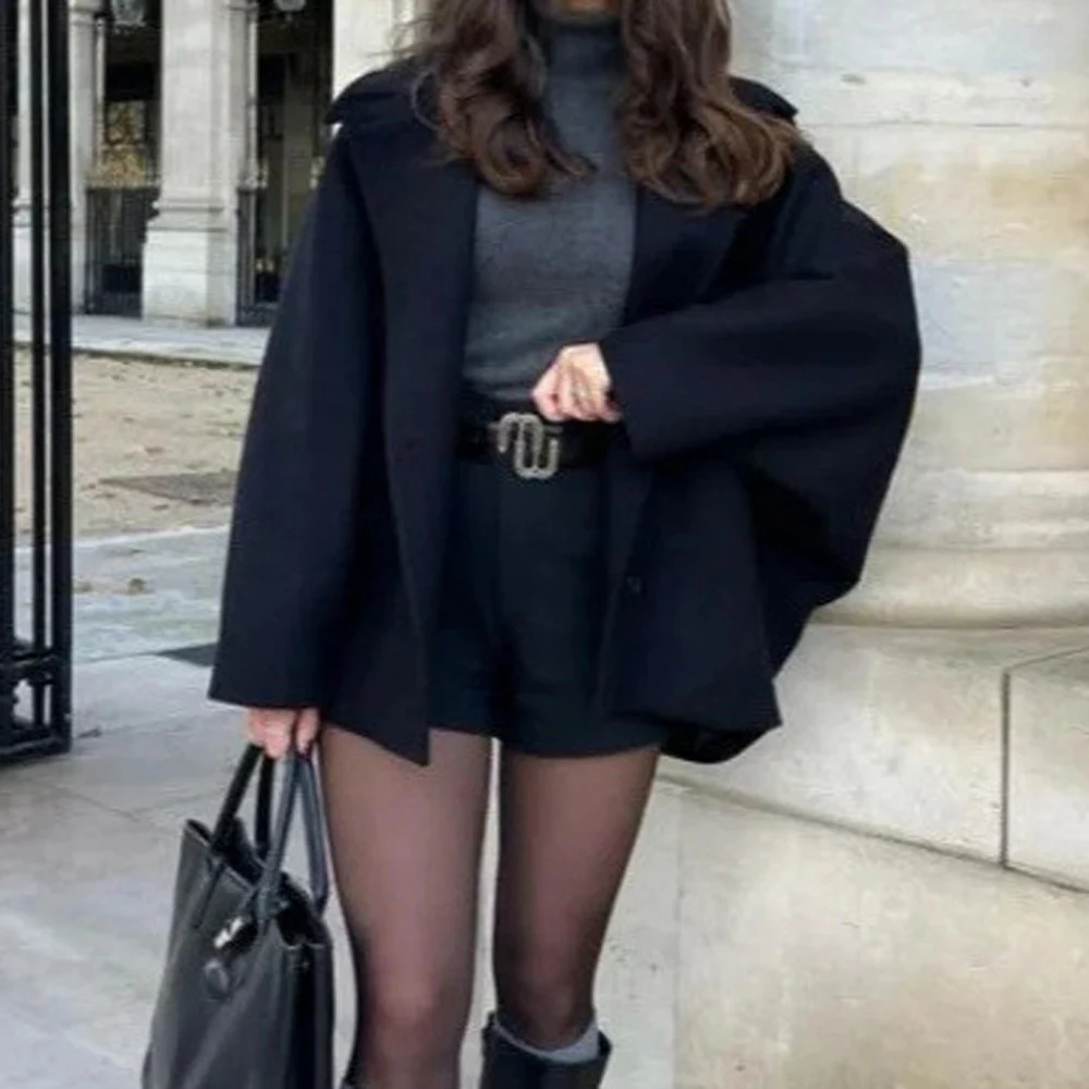 Womens Long Sleeve Woolen Blend Coat with Pocket