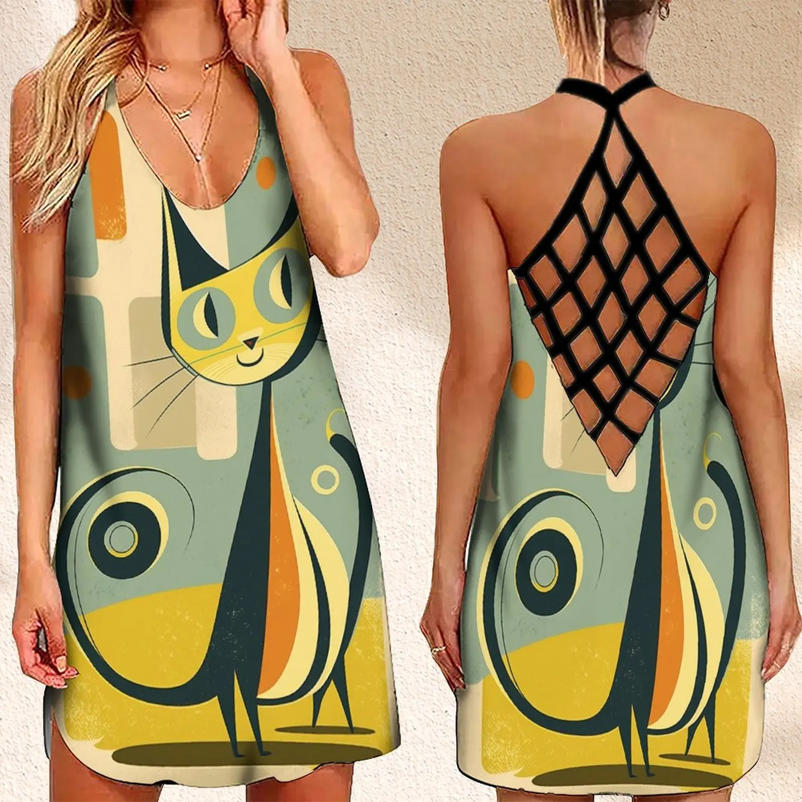 

Summer Women's Criss Cross Backless Sleeveless Dress Mid Century Cat Abstract Cartoon Print Elegant Clothes