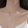 Collier Double couche étoile lune pour femmes, couleur argent, breloque délicate en Zircon, chaîne ras du cou en acier inoxydable, bijoux, nouvelle mode