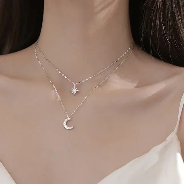 Collier Double couche étoile lune pour femmes, couleur argent, breloque délicate en Zircon, chaîne ras du cou en acier inoxydable, bijoux, nouvelle mode