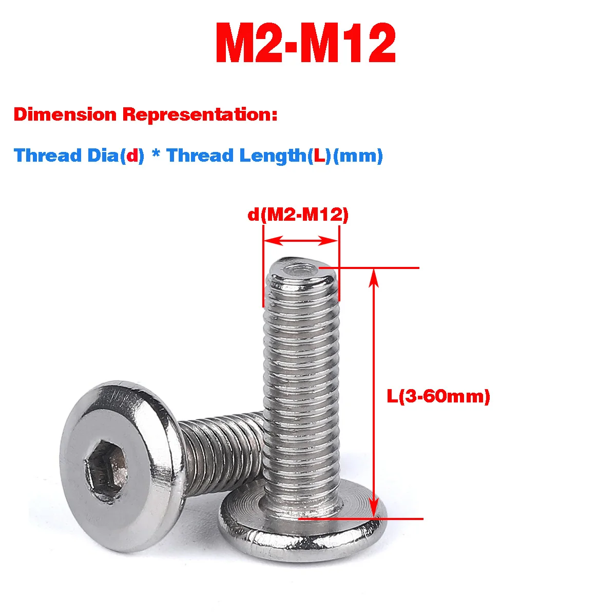 

304 Stainless Steel Flat Head Chamfered Hexagon Socket Screw / Flat Round Head Bolt M2M2.5M3M4M5M6M8M10M12