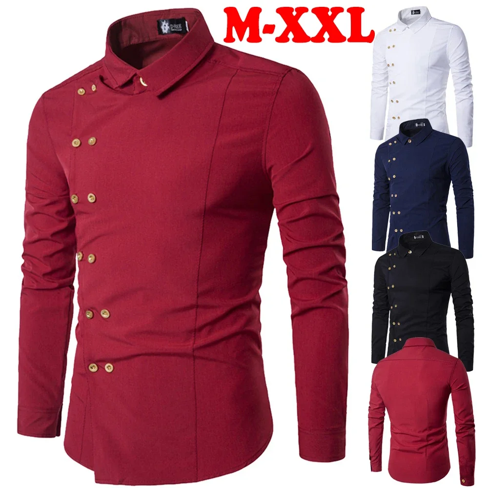 Four Seasons Shirts Men's Personality Oblique Buckle Irregular Double-breasted Men's Dress Shirts Men's Slim Shirts