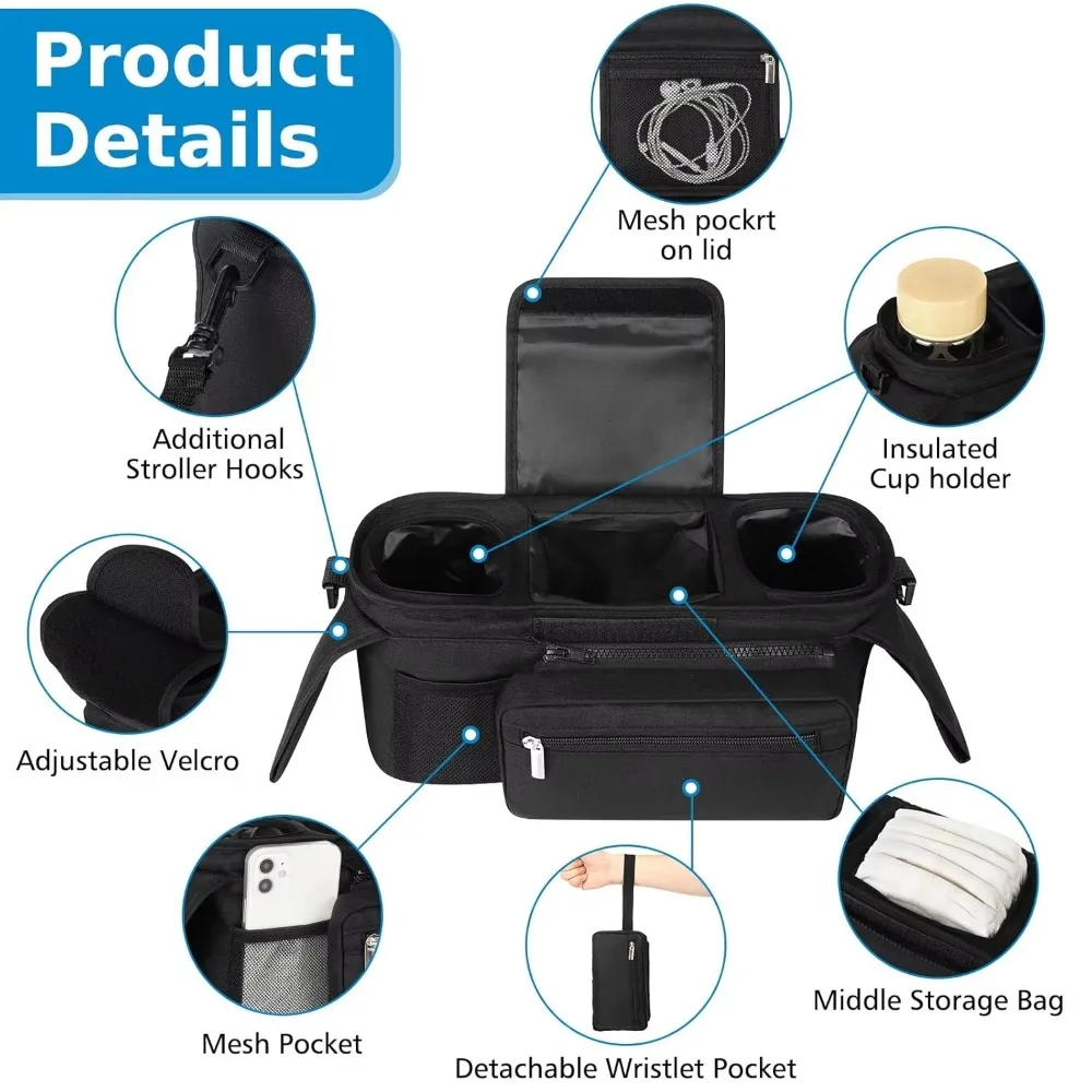 Oxford Fabric Black Baby Stroller Hanging Bag with Multi Pockets