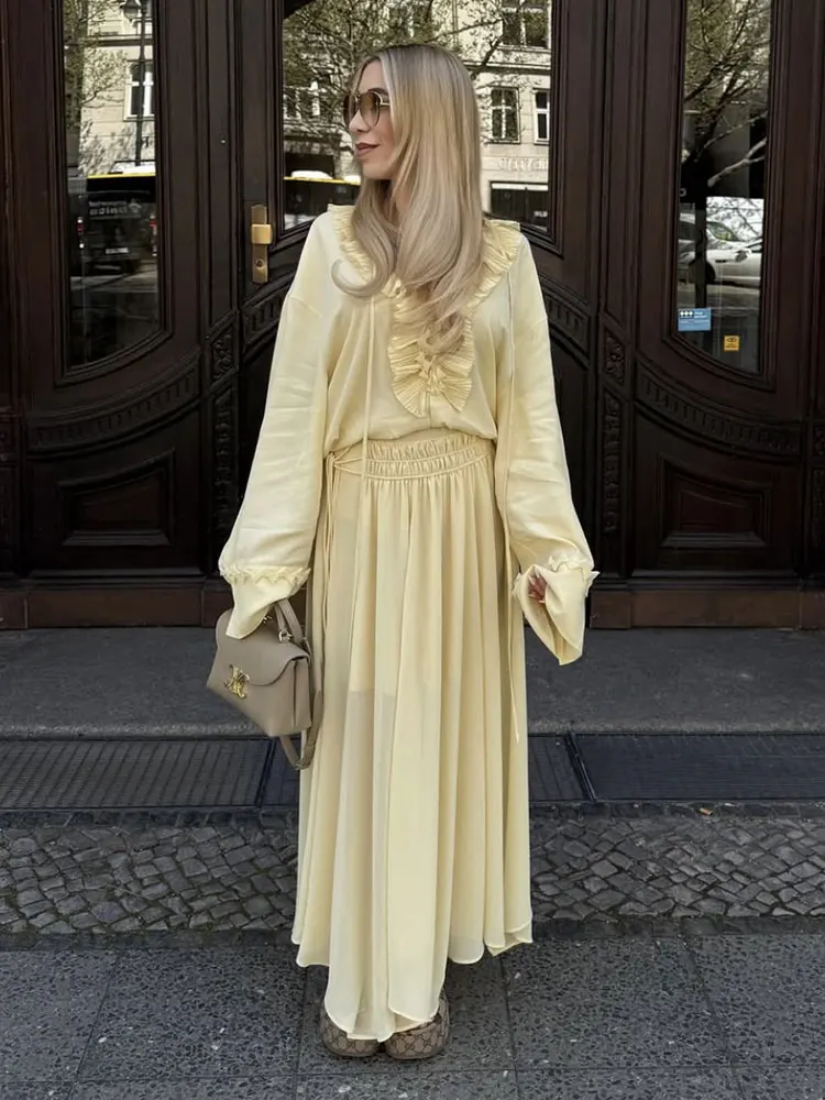 HH Women Fashion Ruffles Lace-up Blouse Loose Casual V Neck Long Sleeve Shirt 2025 Woman Elegant Chiffon Yellow Chic Tos