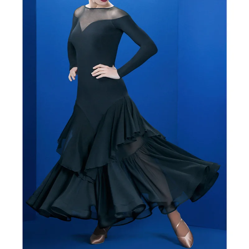 

Adult Modern Competition Performance Social Dance Front And Back V-shaped Large Swing Long Sleeved Dress