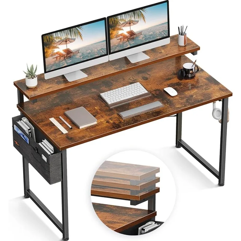 Computer Desk with Adjustable Monitor Shelves, 48 inch Home Office Desk with Monitor Stand, Writing Desk, , Rustic Brown tuya private model 10 light ball machine wireless high definition network wifi camera home phone remote monitor