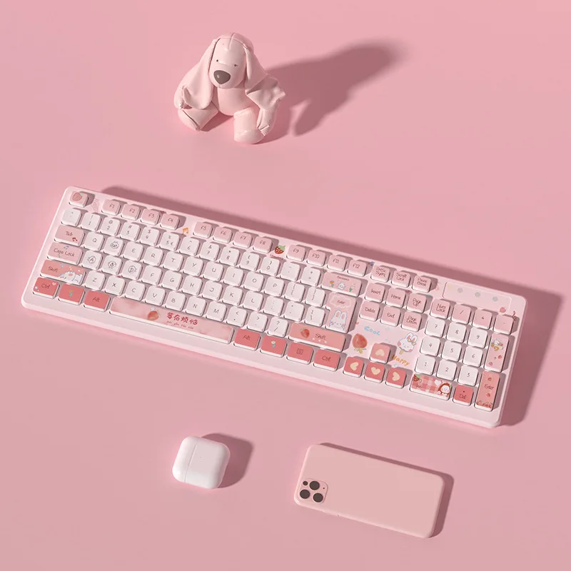 Kawaii Wired Keyboards Pink Wireless Keyboard Gaming Accessories Cartoon Cute Chocolate Mute Keyboard Notebook Desktop Computer