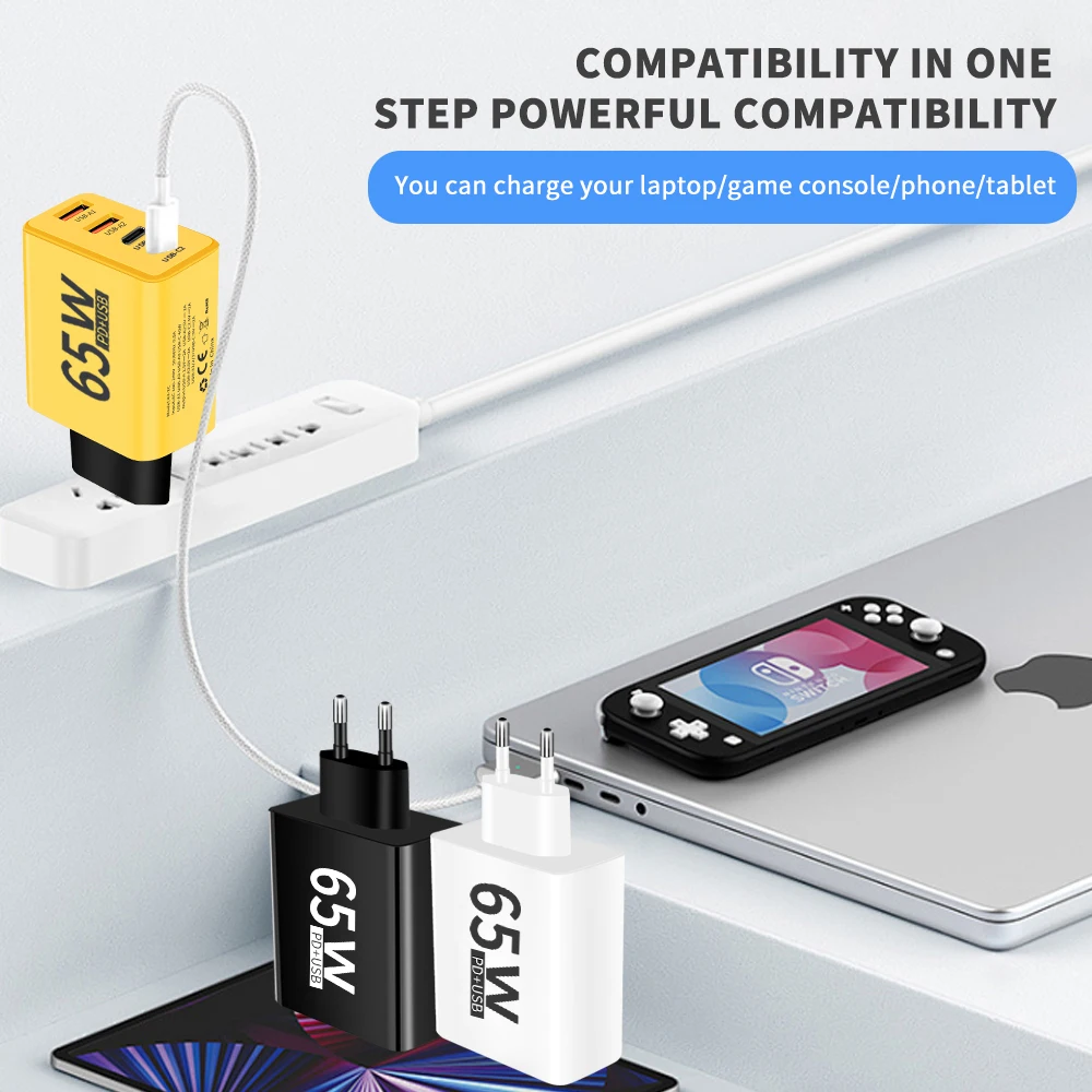 65W USB C Charger Fast Charge Type C PD Quick Charging Wall Adapter with USB To Type C Data Cables Adapter EU/US Plug Charger