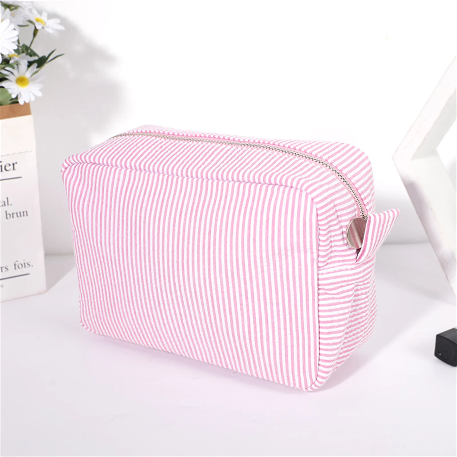 Seersucker Cosmetic Bag For Women Storage Makeup Bags Embroidery Toiletry Bag Bridesmaid Gift 2