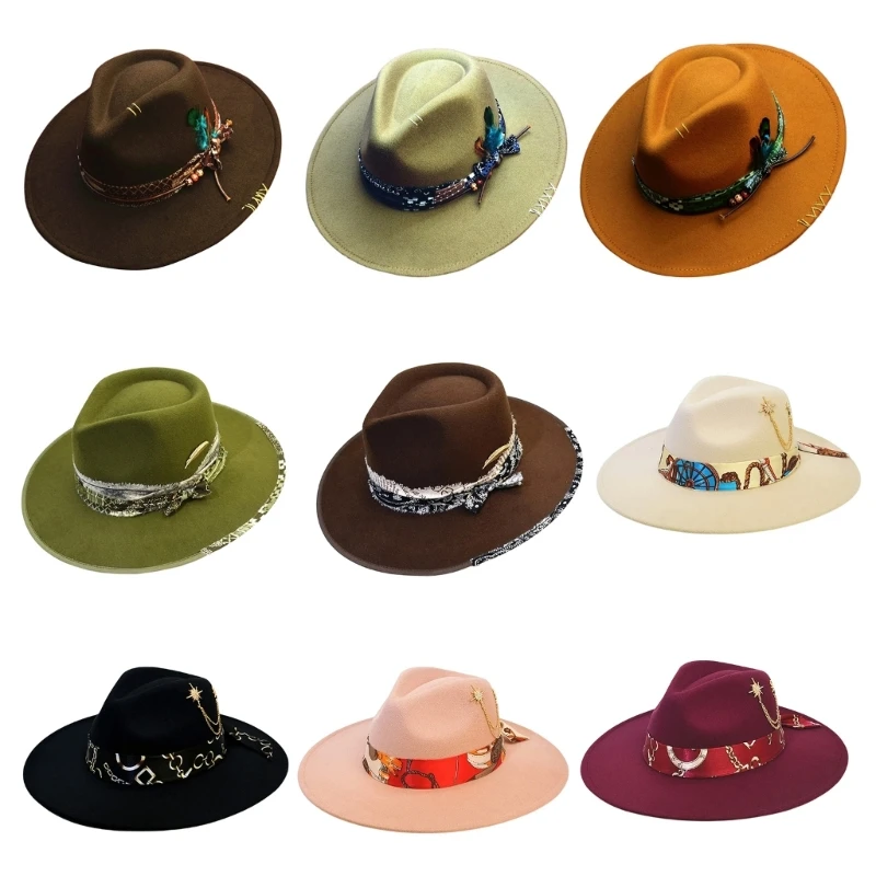 Fedoras felt hats men Actors perform hat Homburg Panama Props Western black green women's Headwear Decorate dancing party caps - 3