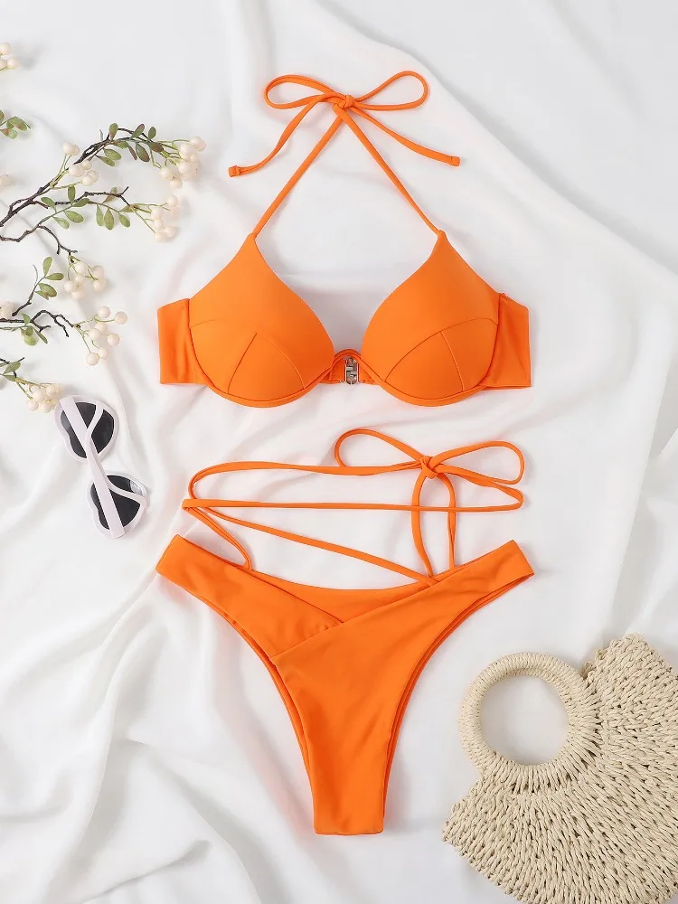 2023 Sexy OrangePush Up Bikini Swimsuit Women Swimwear Two-piece Bikini Set  String Bathing Suit Beachwear Bather Biquini Female