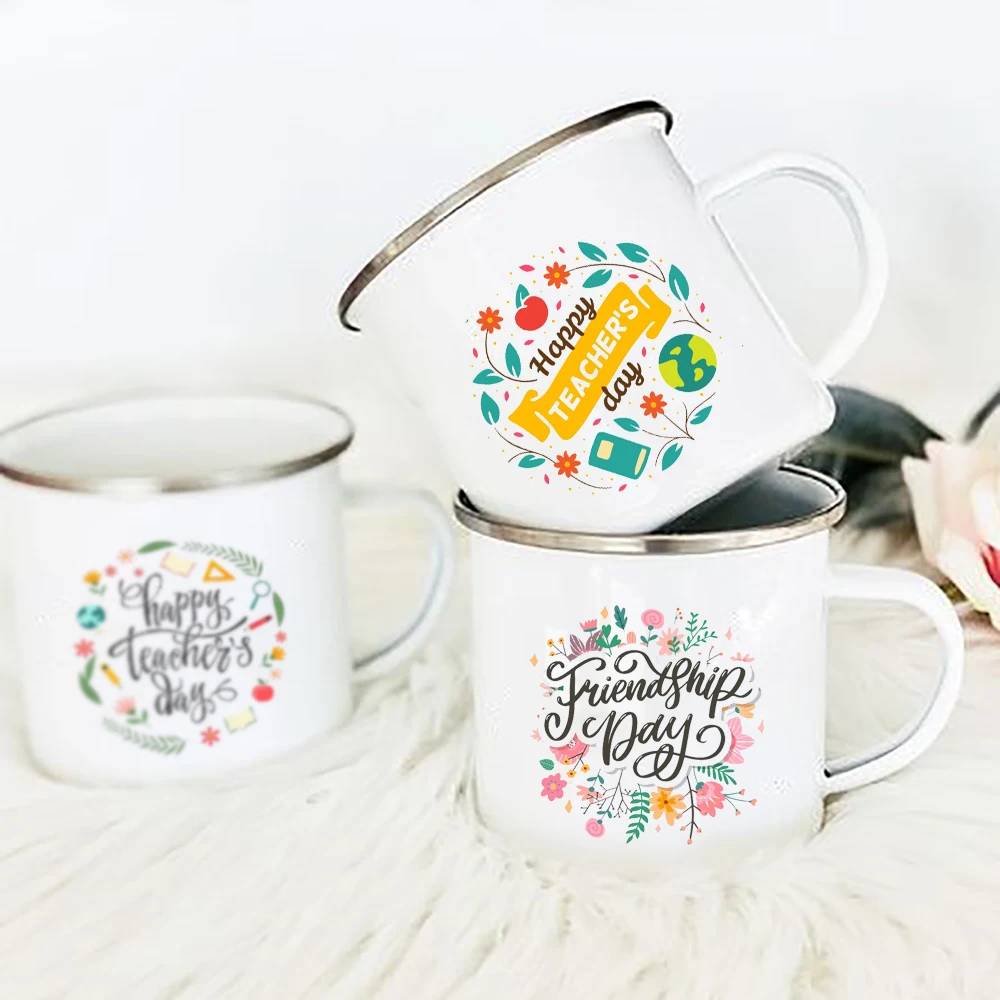 

flower happy Teacher Printed cup Enamel handle Mugs Simple Breakfast Milk Cups Office Home Coffee Juice Drink Mug Holiday Gifts