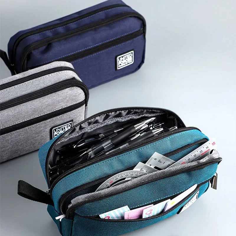 Portable Three-layer Large Capacity Pencil Bag Boy Canvas Pen Case School Office Supplies Storage Bag Waterproof Stationery Bag