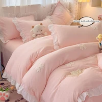 3 Piece Sheet Set pink bowknot embroidery Quilt Set ， comfortable embroidery Bedding Set Bedspread for All Season