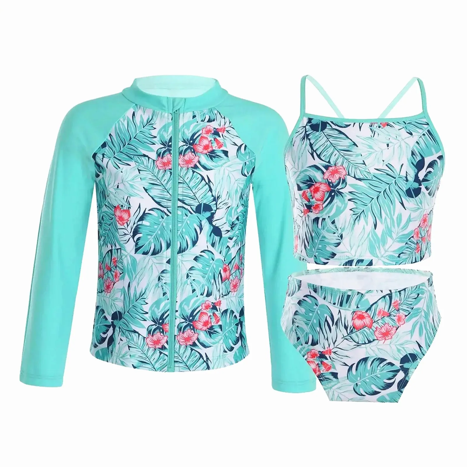 

Kids Girls Swimwear Straps Sleeveless Tops with Briefs And Long Sleeves Front Zipper Closure Coat Set Beach Bathing Suits