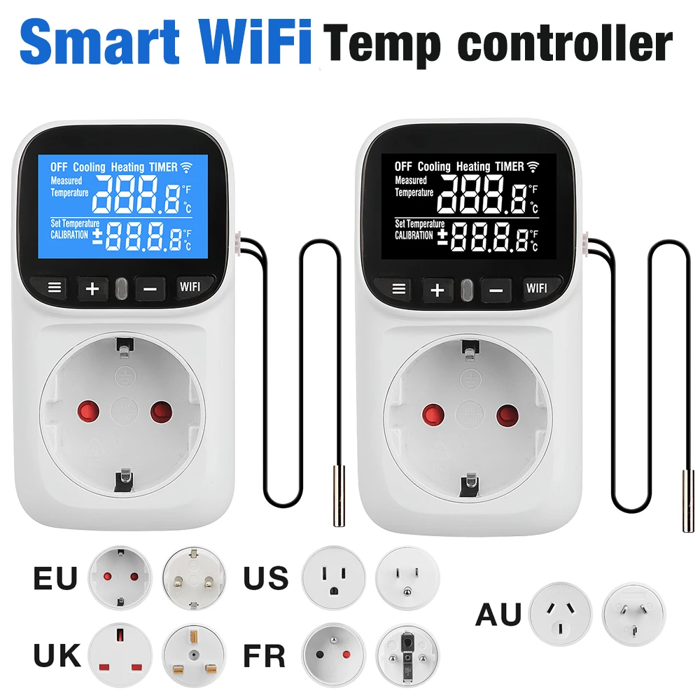 Tuya WiFi Thermostat Switch Socket – Plug-in Temperature Controller with Timer Outlet, LCD Display, for Heating/Cooling (EU/US/UK/FR/AU Plug)