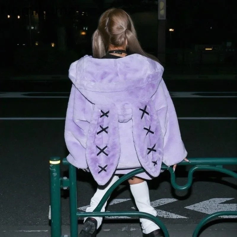 2025 Winter Clothing Women Jackets Harajuku Rabbit Ears Punk Black Coats Thicked Furry Zipper Oversized Y2k Tops Ropa Mujer 3