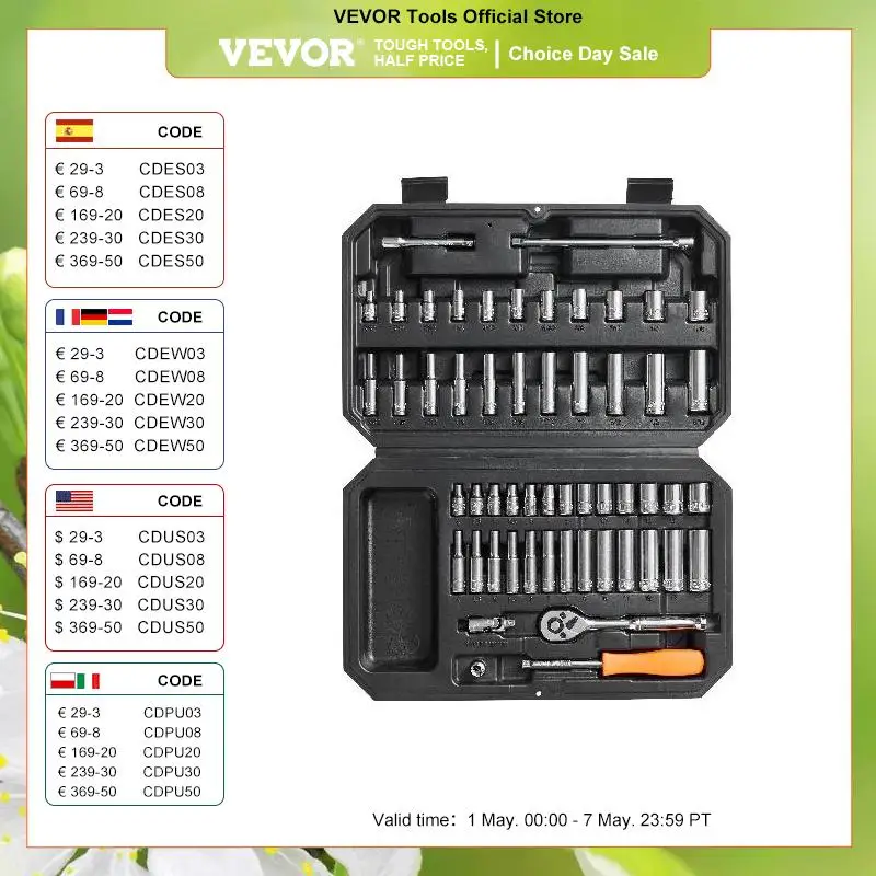 

VEVOR 6-Point Socket Opening 54 Pieces Tool Set SAE and Metric Standard Sockets with Storage Case for industrial or home use