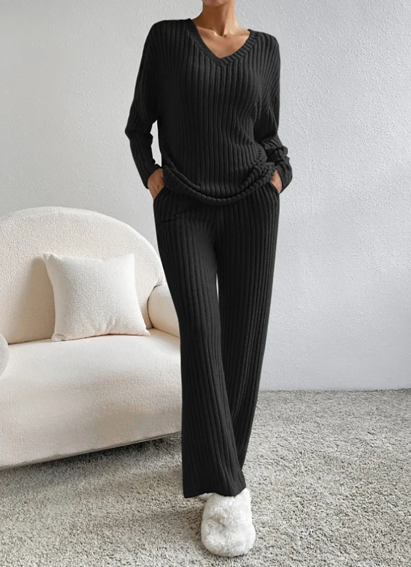 Two-piece Set Female 2024 Fall New Fashion Casual Straight Pants Temperament Loose V-neck Pit-stripe Knitting Women's Clothes