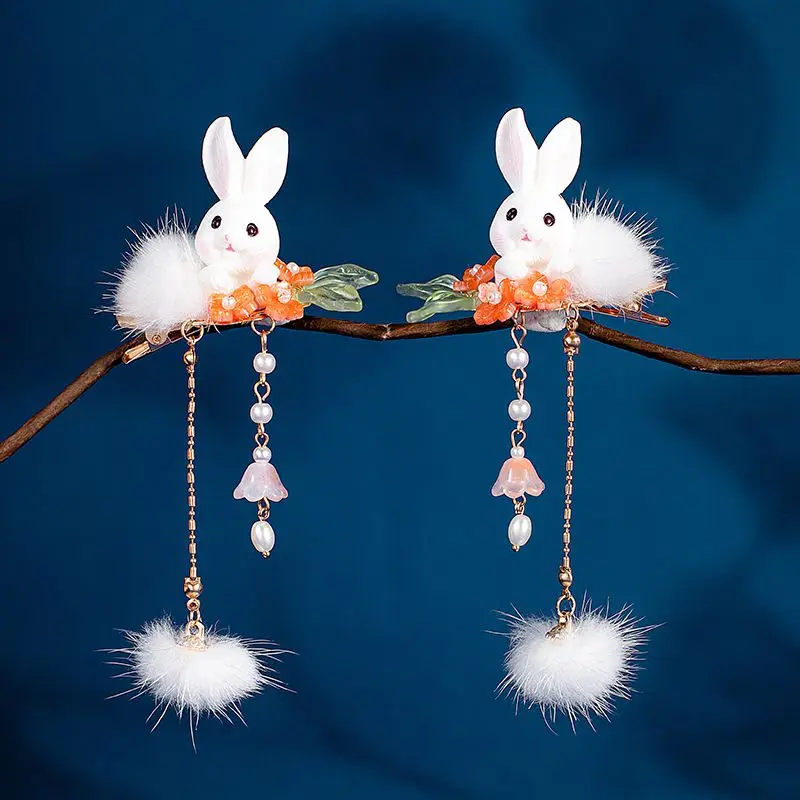 Cute Hair Accessories for Girls Women Rabbit Hair Clips with Pompon Hanfu Hairgrip