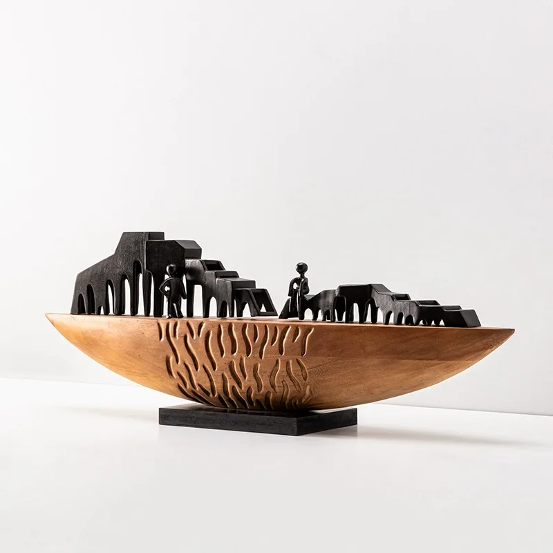 Hochwertige Holzboot-Skulptur als Schreibtischdekoration, abstraktes architektonisches Design, Innenkunst-Ornament